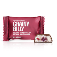 Chokolade Bites med Kokos & tranebær, Grainy Billy fra Simply Chocolate flowpack 10 g